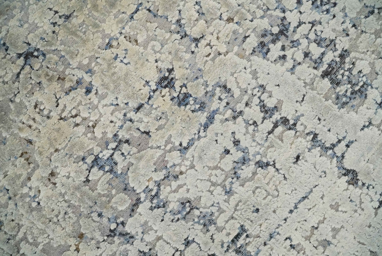 Premium Fine 8x10 Silver, Beige and Charcoal Traditional Floral High Low texture Hand Knotted Wool and Art Silk Rug-Area Rug-Parc Decor