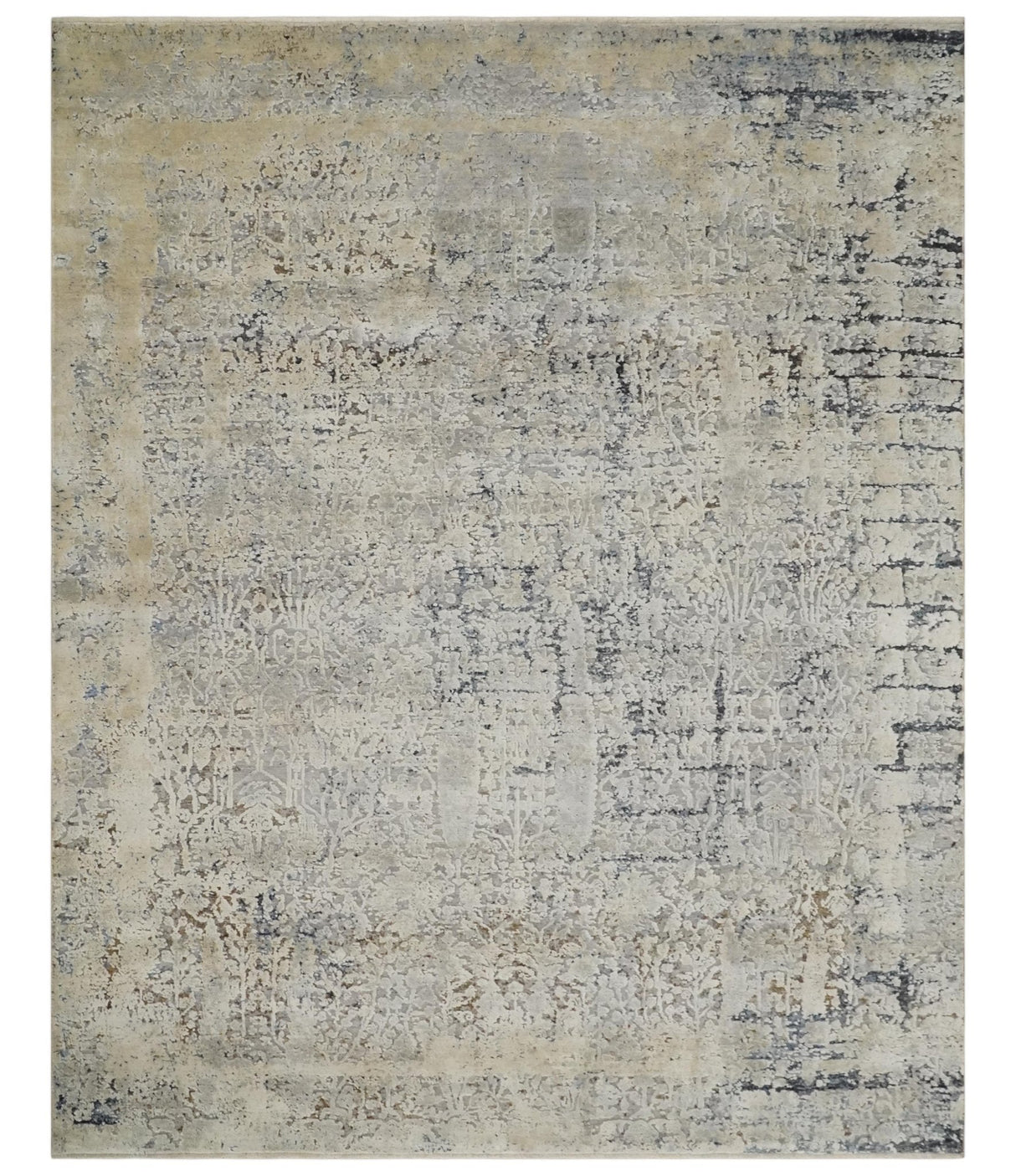 Premium Fine 8x10 Silver, Beige and Charcoal Traditional Floral High Low texture Hand Knotted Wool and Art Silk Rug-Area Rug-Parc Decor