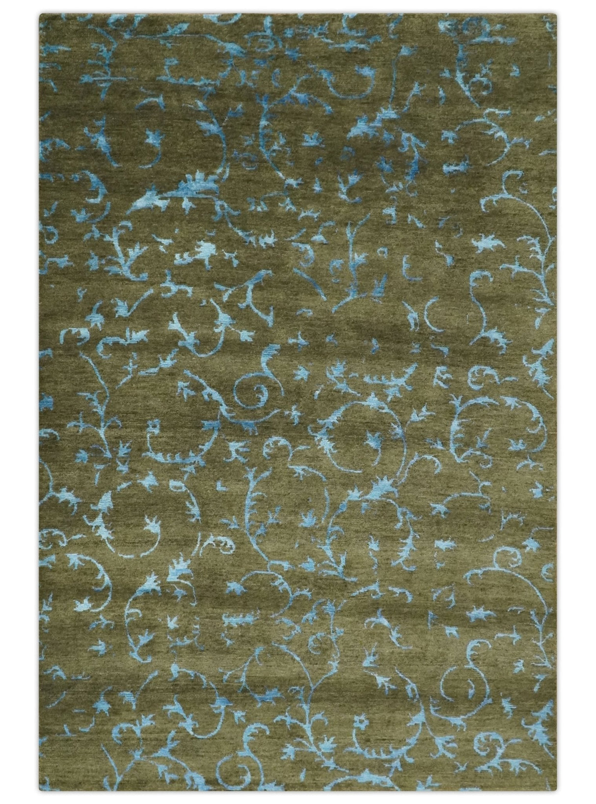 Premium look Antique Style Olive and Blue Hand loom 6x9 wool and Art Silk Area Rug-Area Rug-Parc Decor