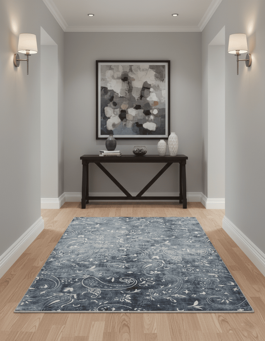 Premium look Charcoal, Ivory and Silver Hand loom Traditional Boteh Design Wool and Viscose Area Rug