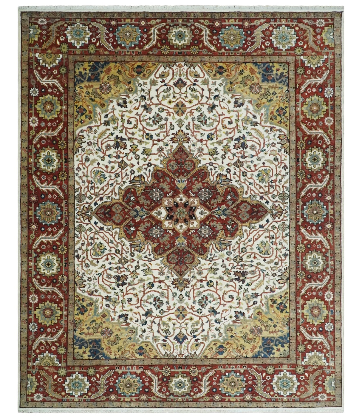 Premium Look Ivory, Rust and Gold 8x10 Hand knotted Traditional Wool Area Rug