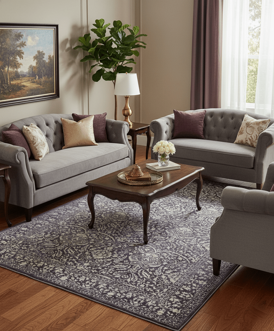 Premium Style Floral Ivory and Dark Purple 5.6x8 Handloom Wool and Viscose Area Rug