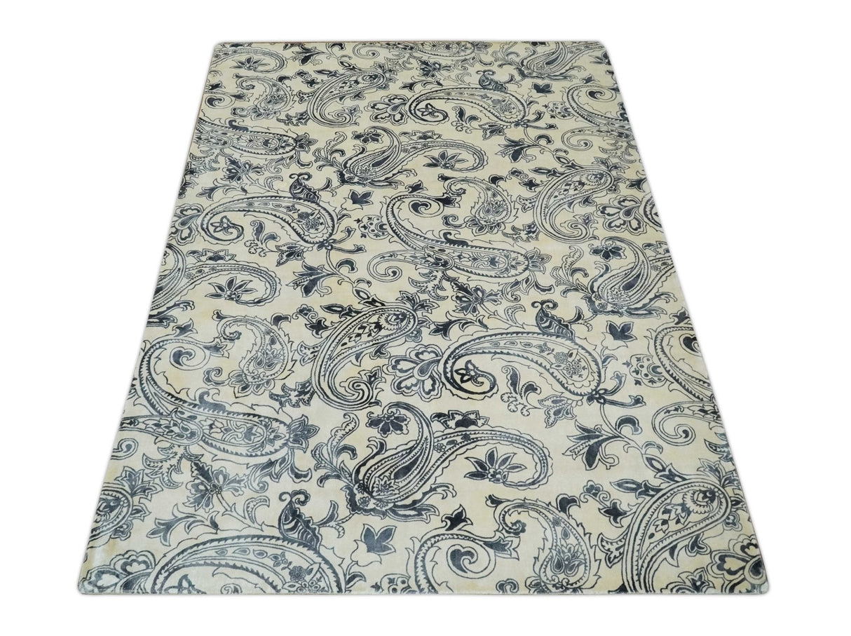 Premium Style Ivory and Charcoal Hand loom 5.6x8 Boteh Design Viscose Area Rug