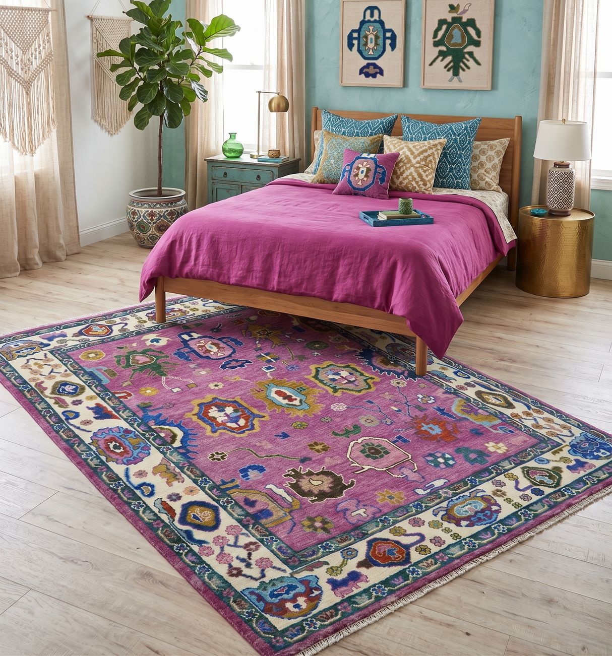 Purple And Ivory Hand knotted Modern Oushak Wool Area Rug