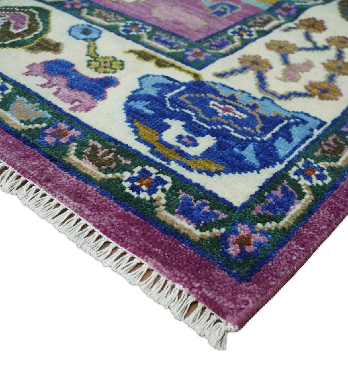 Purple And Ivory Hand knotted Modern Oushak Wool Area Rug