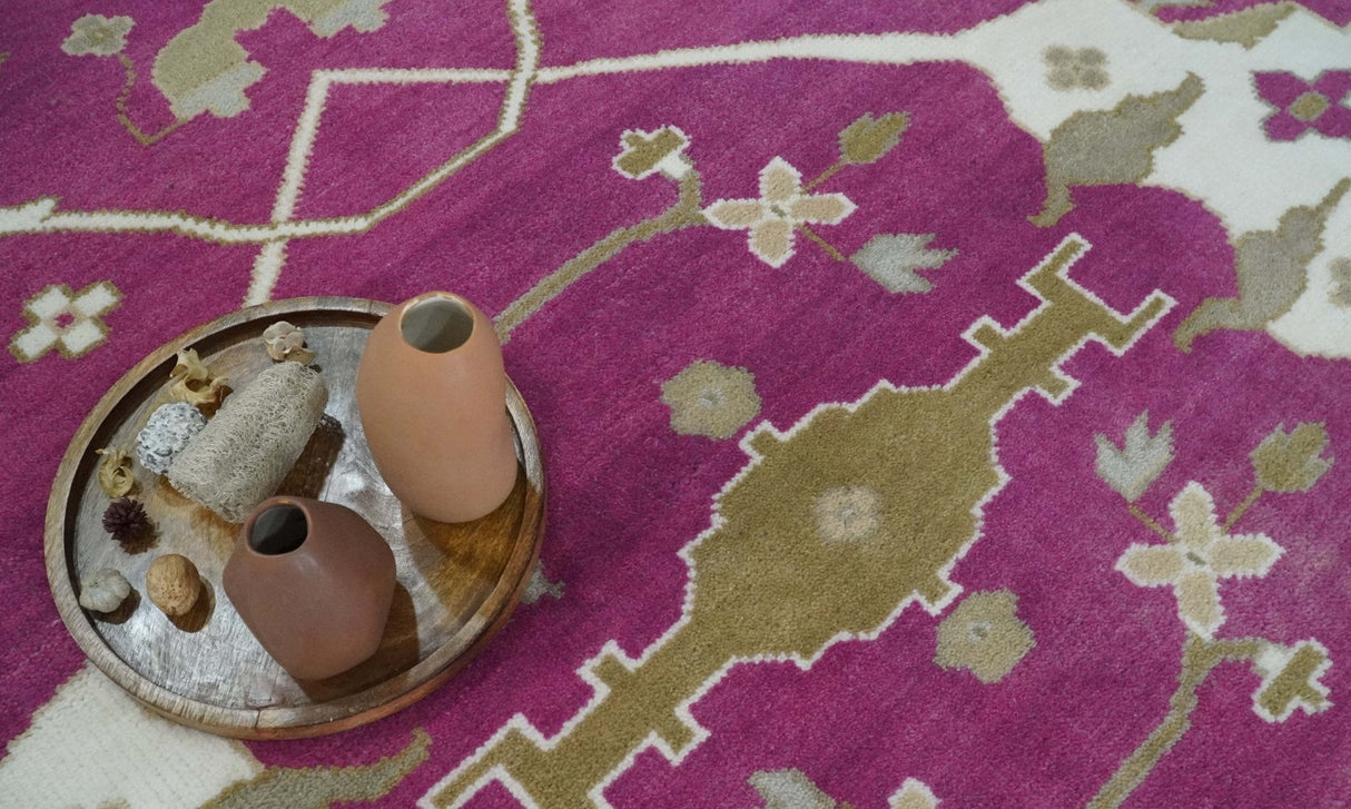 Purple, Ivory and Olive Traditional Hand knotted Oriental Oushak Multi Size wool Area Rug