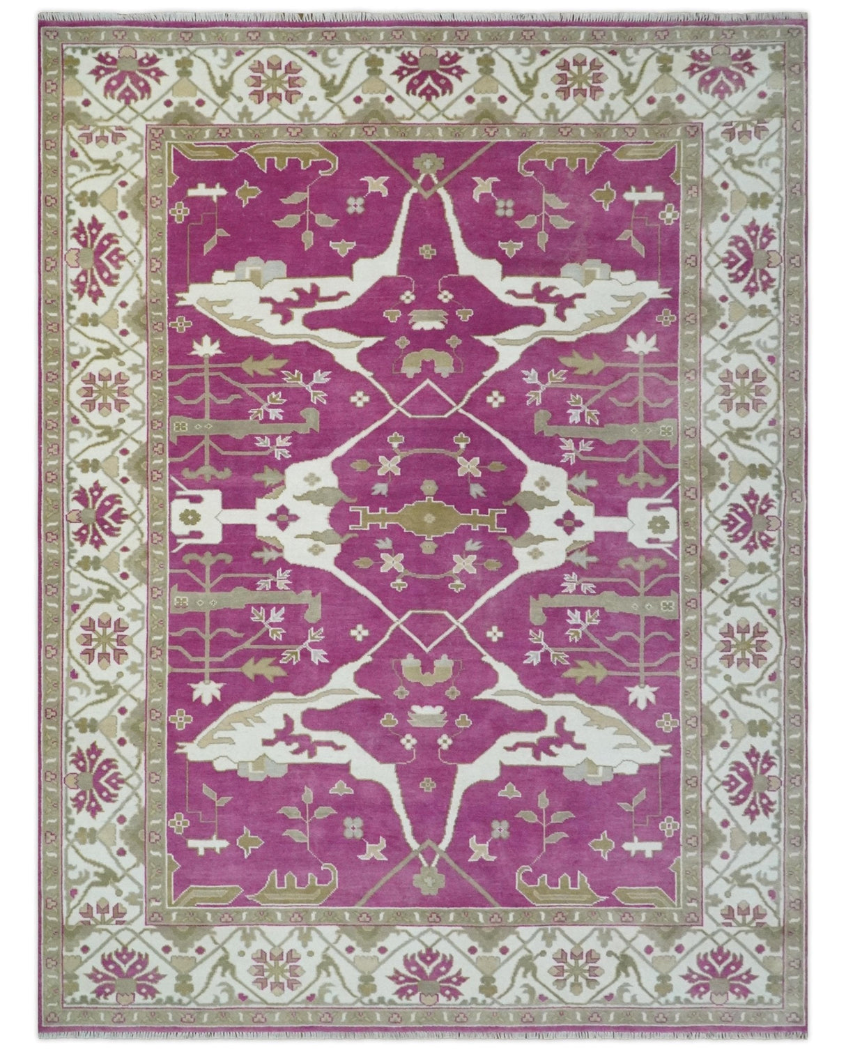 Purple, Ivory and Olive Traditional Hand knotted Oriental Oushak Multi Size wool Area Rug