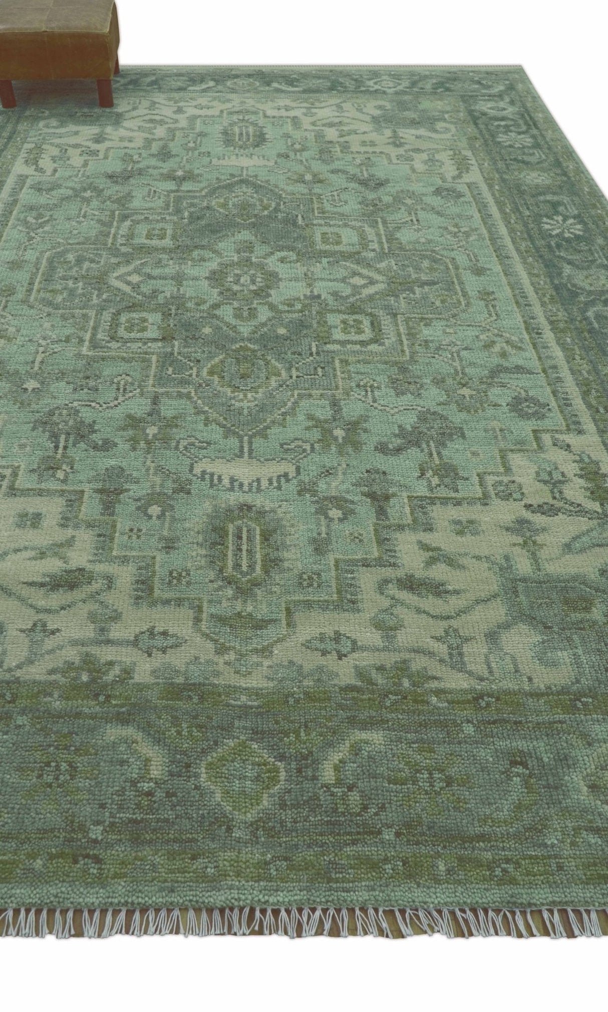 Quick Ship 7x10 Traditional Green And Gray Hand Knotted Wool Rug