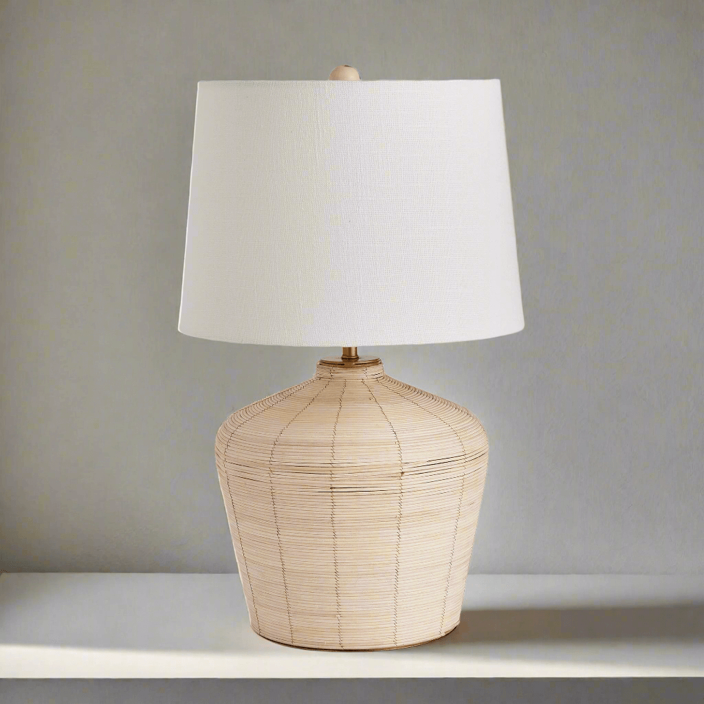 Rattan Table Lamp with Curved Base and White Shade-table lamp-Parc Decor