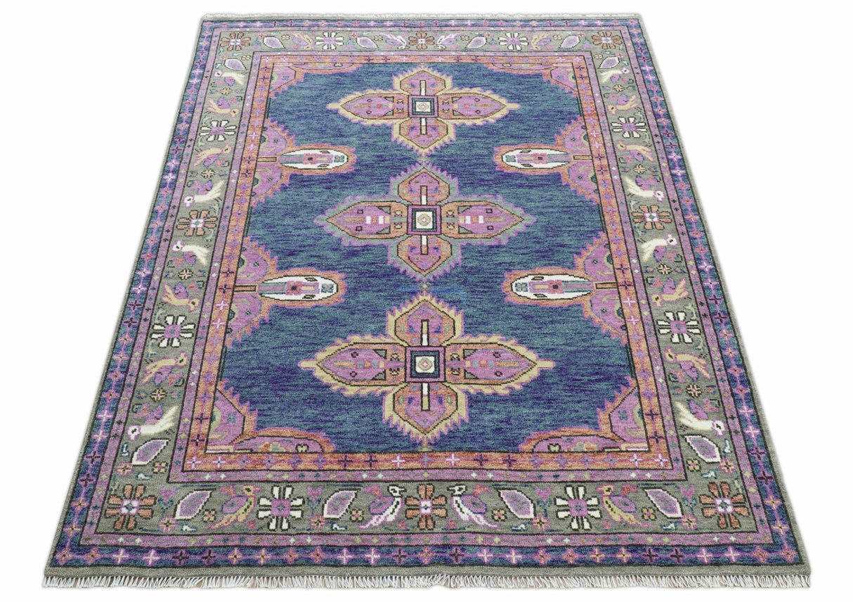 Ready to Ship 7x9 Pink And Blue Hand Knotted Wool Rug