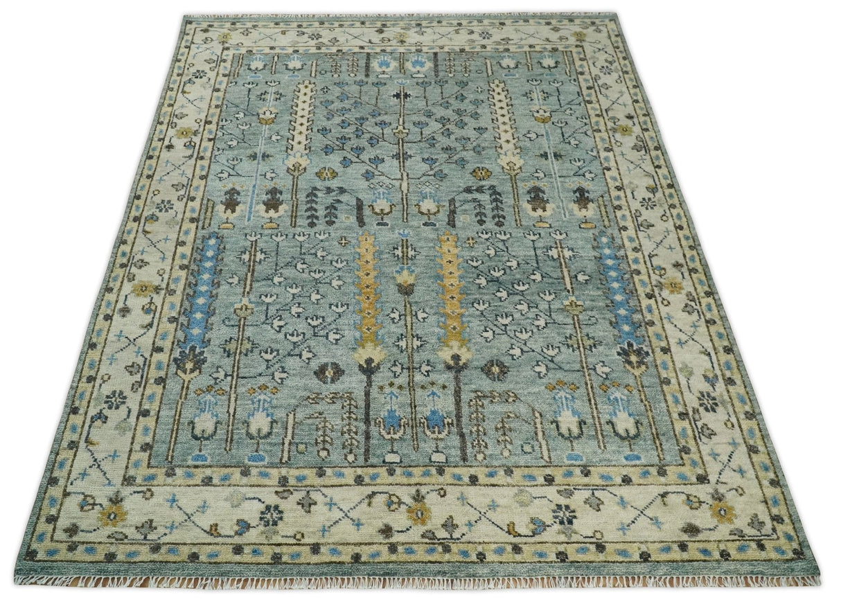 Ready to Ship Aqua and Ivory Tree of Design Hand Knotted Wool Area Rug
