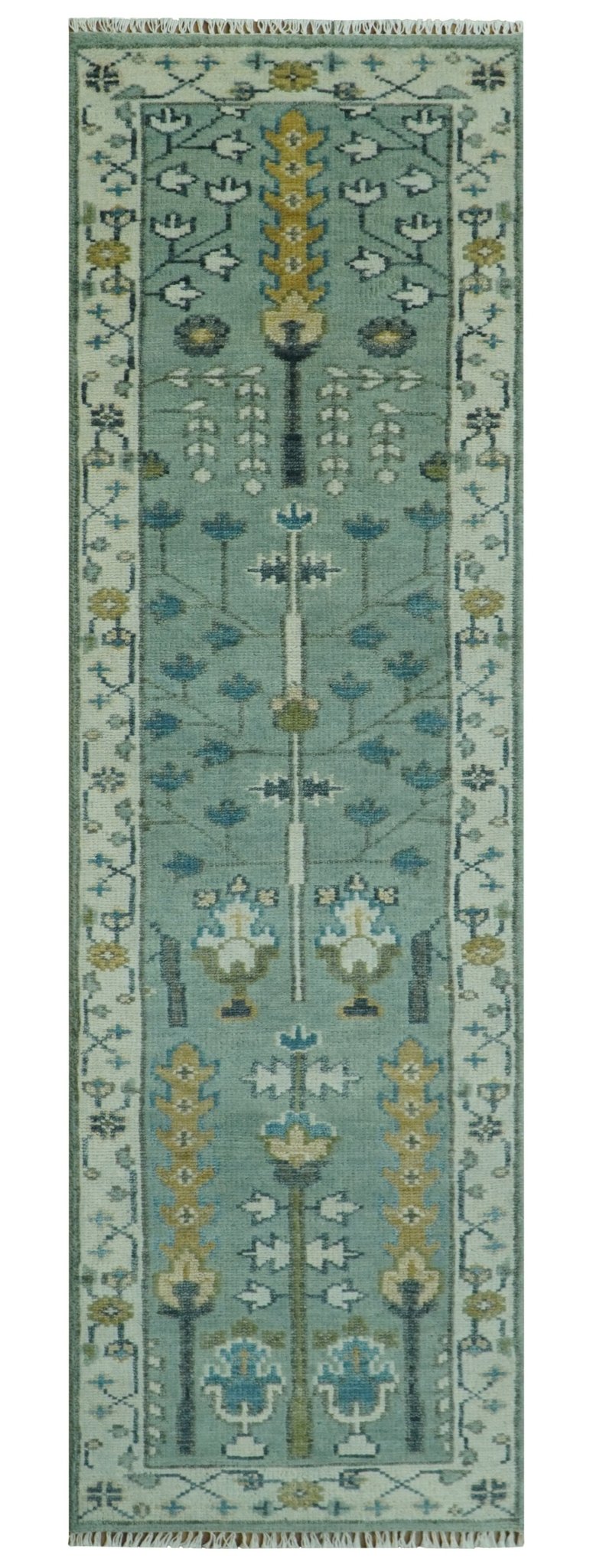 Ready to Ship Aqua and Ivory Tree of Design Hand Knotted Wool Area Rug