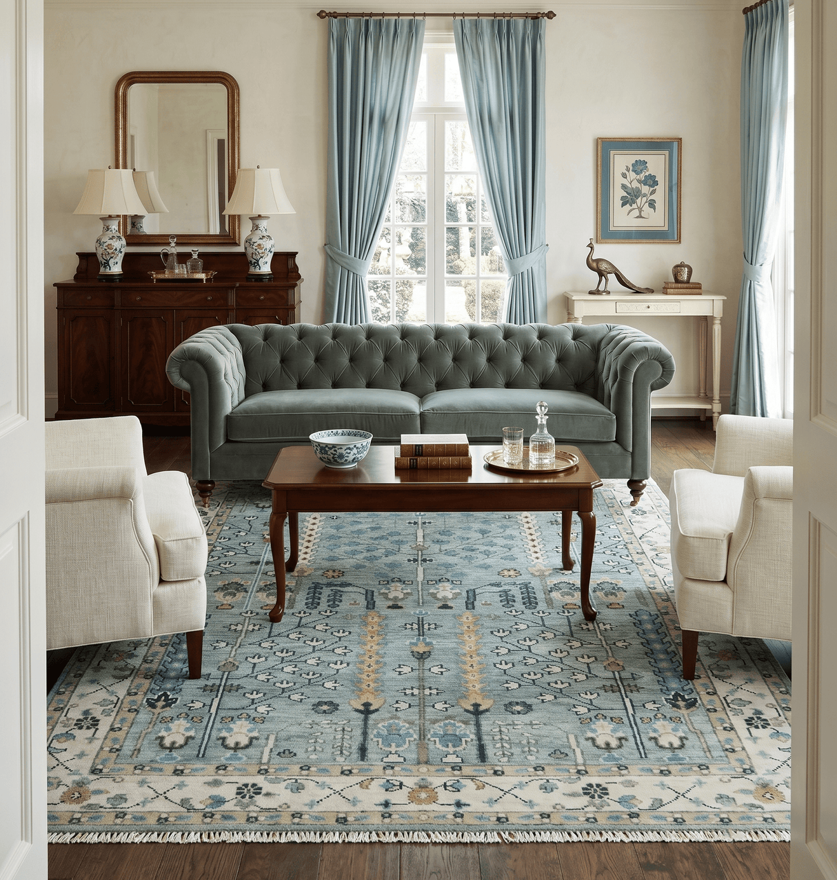 Ready to Ship Aqua and Ivory Tree of Design Hand Knotted Wool Area Rug