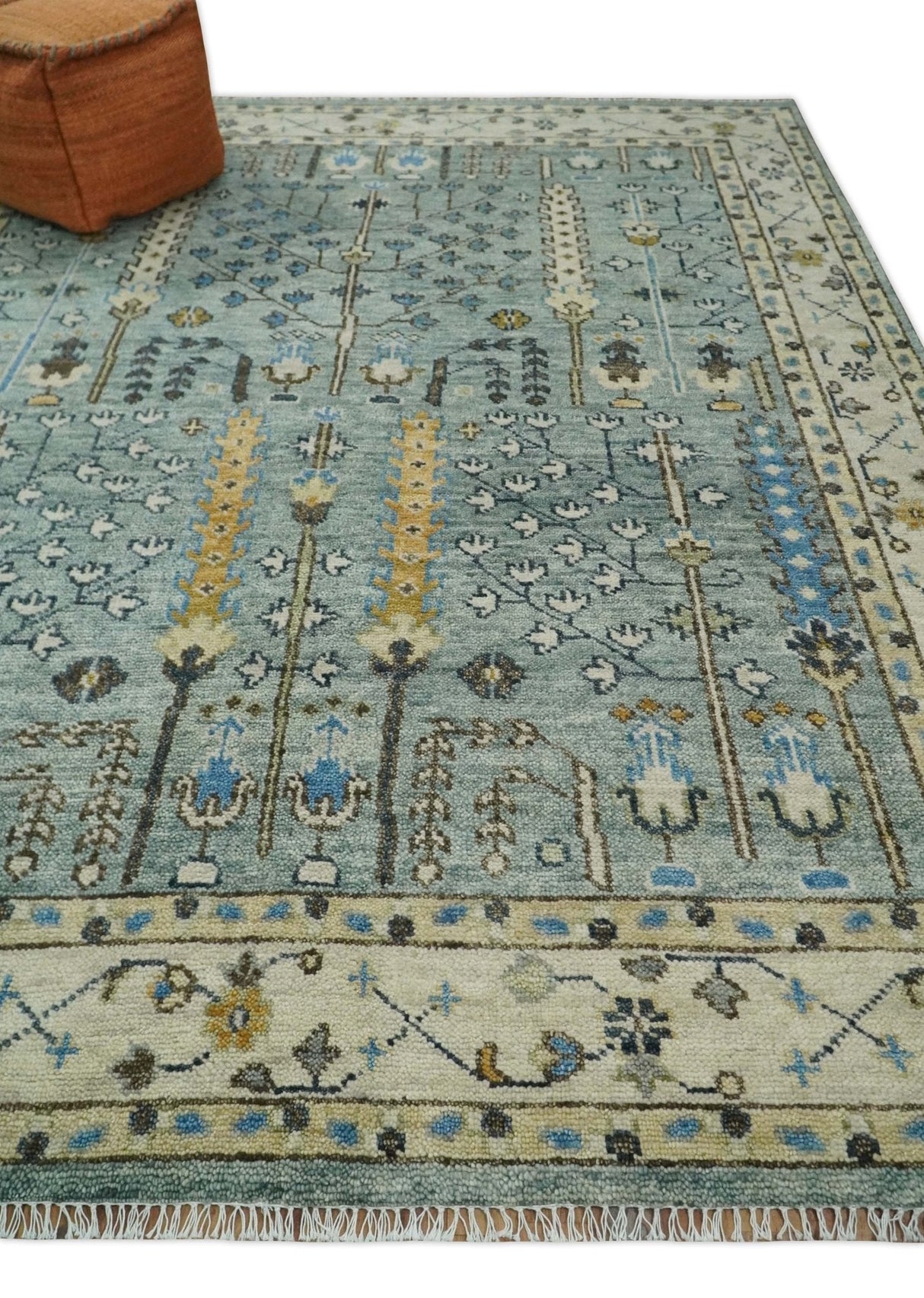 Ready to Ship Aqua and Ivory Tree of Design Hand Knotted Wool Area Rug