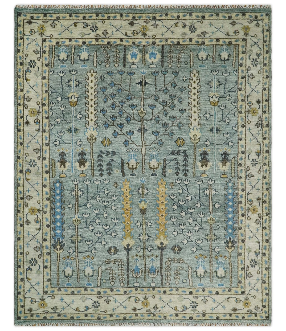 Ready to Ship Aqua and Ivory Tree of Design Hand Knotted Wool Area Rug