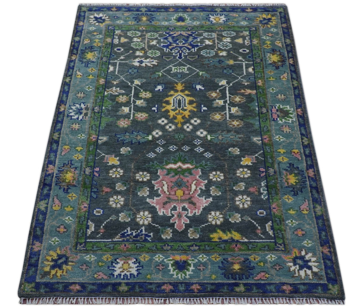Ready to ship Charcoal, Green And Blue 5x7 Wool Rug