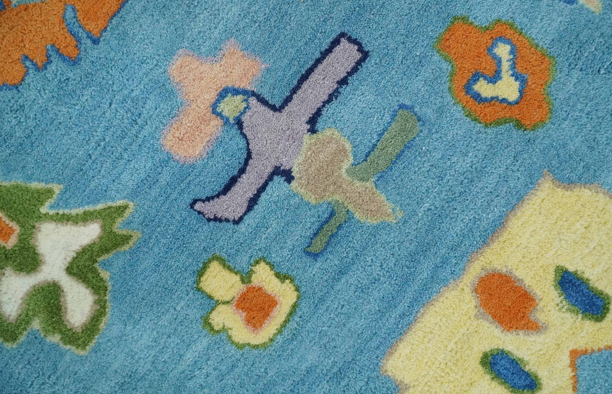 Ready to Ship Hand Tufted Blue and Ivory Modern Colorful Oushak Rug