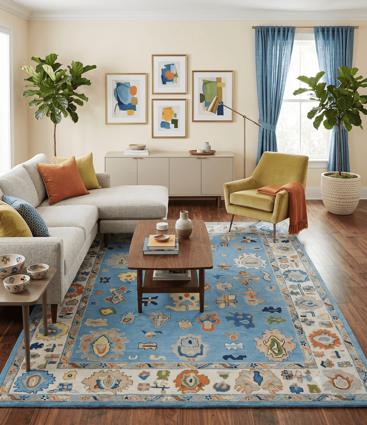 Ready to Ship Hand Tufted Blue and Ivory Modern Colorful Oushak Rug, Kids, Living Room Rug