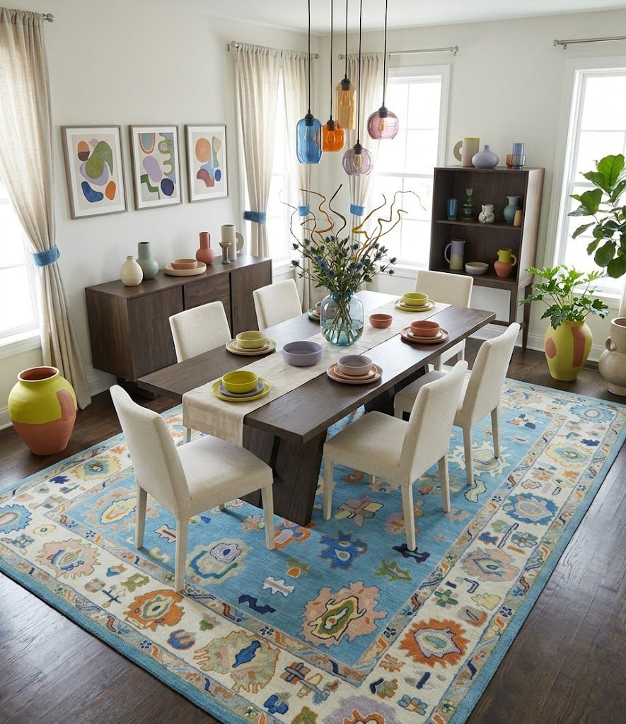 Ready to Ship Hand Tufted Blue and Ivory Modern Colorful Oushak Rug, Kids, Living Room Rug