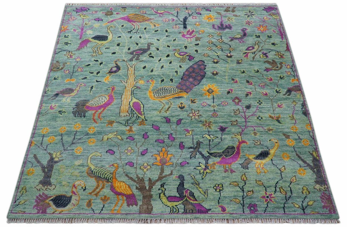 Ready to Ship Jungle Life Peacock Bird 8x8 Square Green Wool Rug