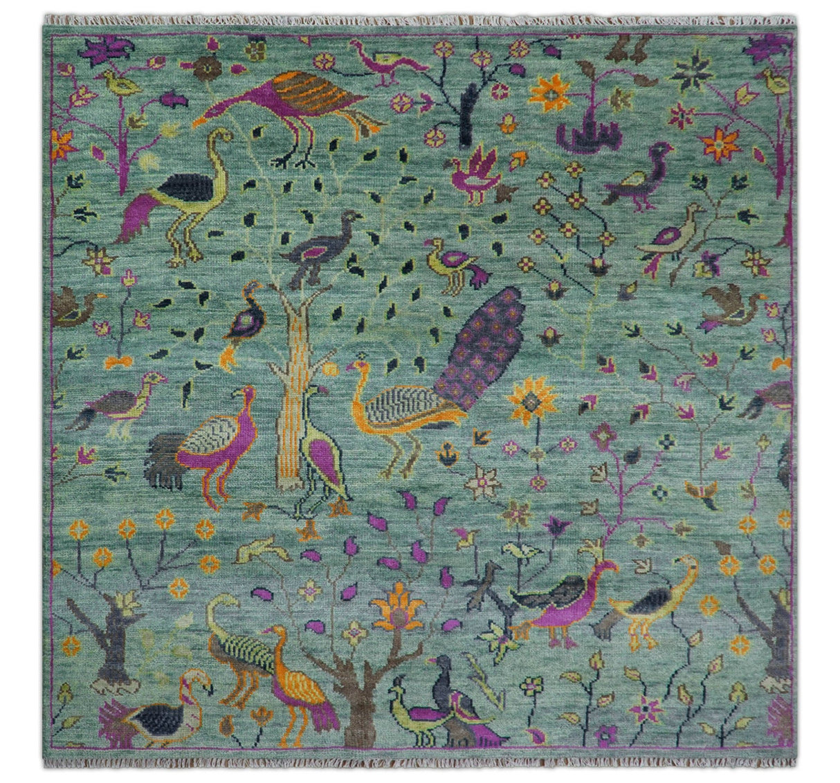 Ready to Ship Jungle Life Peacock Bird 8x8 Square Green Wool Rug
