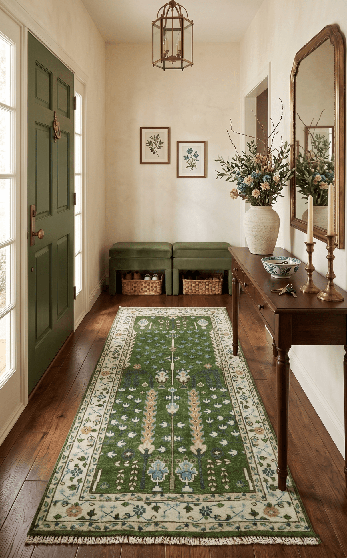 Ready to Ship Oversize 5x10 Runner Rug Green Tree of life Wool Rug
