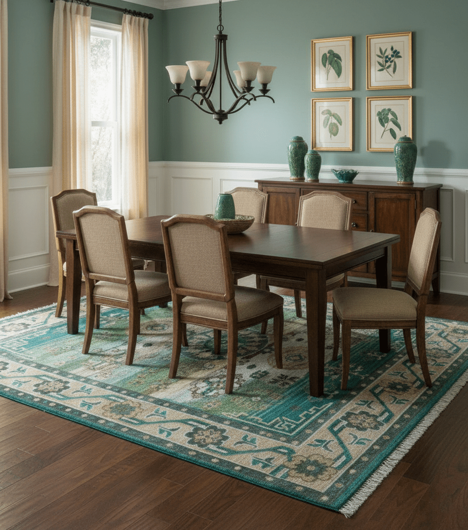 Ready to Ship Peach And Teal Traditional Hand Knotted 8x10 Wool Rug