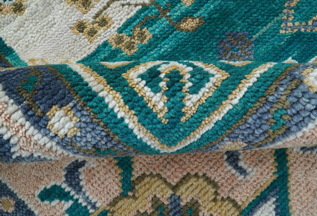 Ready to Ship Peach And Teal Traditional Hand Knotted 8x10 Wool Rug