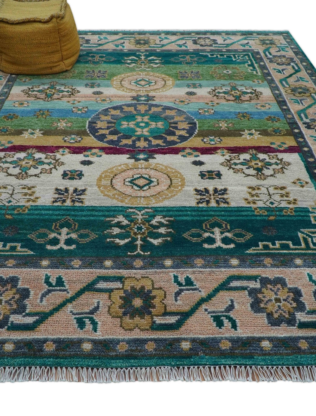 Ready to Ship Peach And Teal Traditional Hand Knotted 8x10 Wool Rug