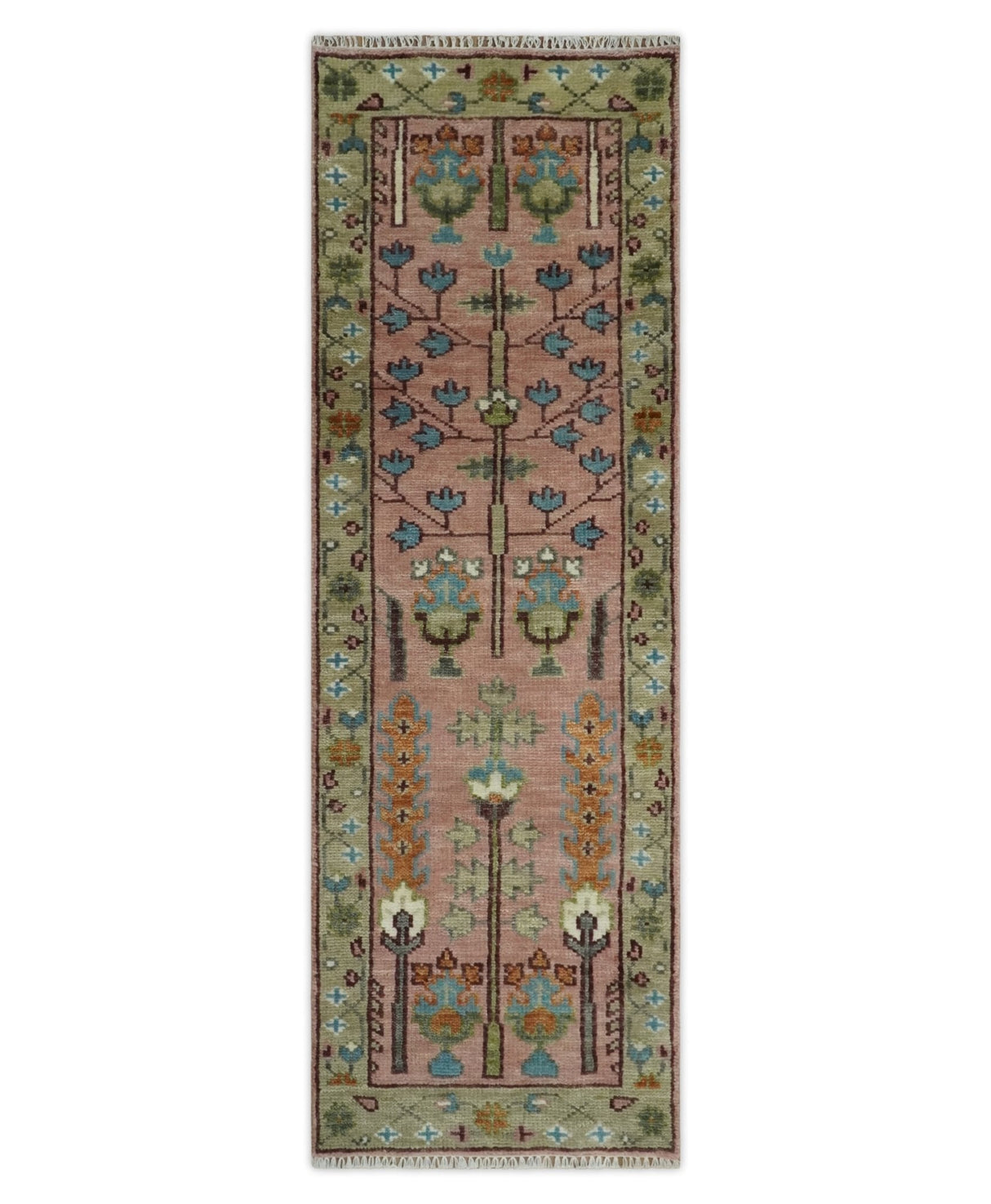 Ready to Ship Pink, Olive and Beige Tree of life Vintage Traditional Wool Rug