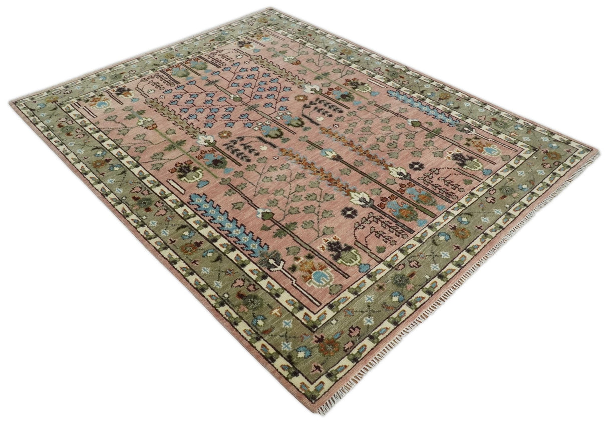 Ready to Ship Pink, Olive and Beige Tree of life Vintage Traditional Wool Rug