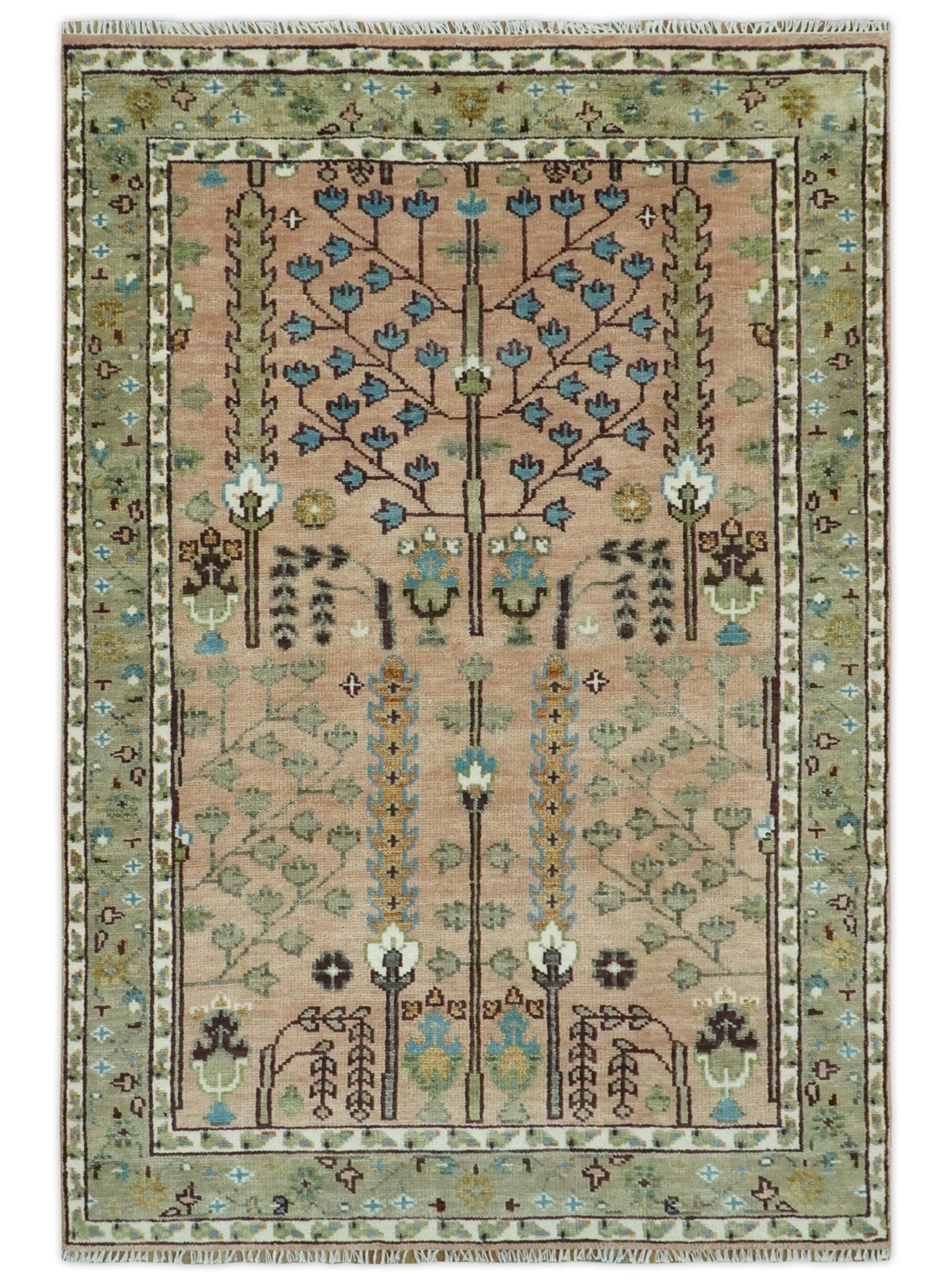 Ready to Ship Pink, Olive and Beige Tree of life Vintage Traditional Wool Rug
