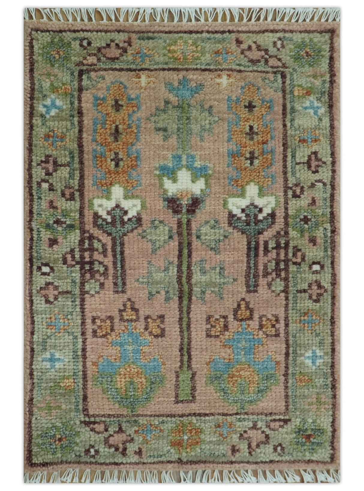 Ready to Ship Pink, Olive and Beige Tree of life Vintage Traditional Wool Rug