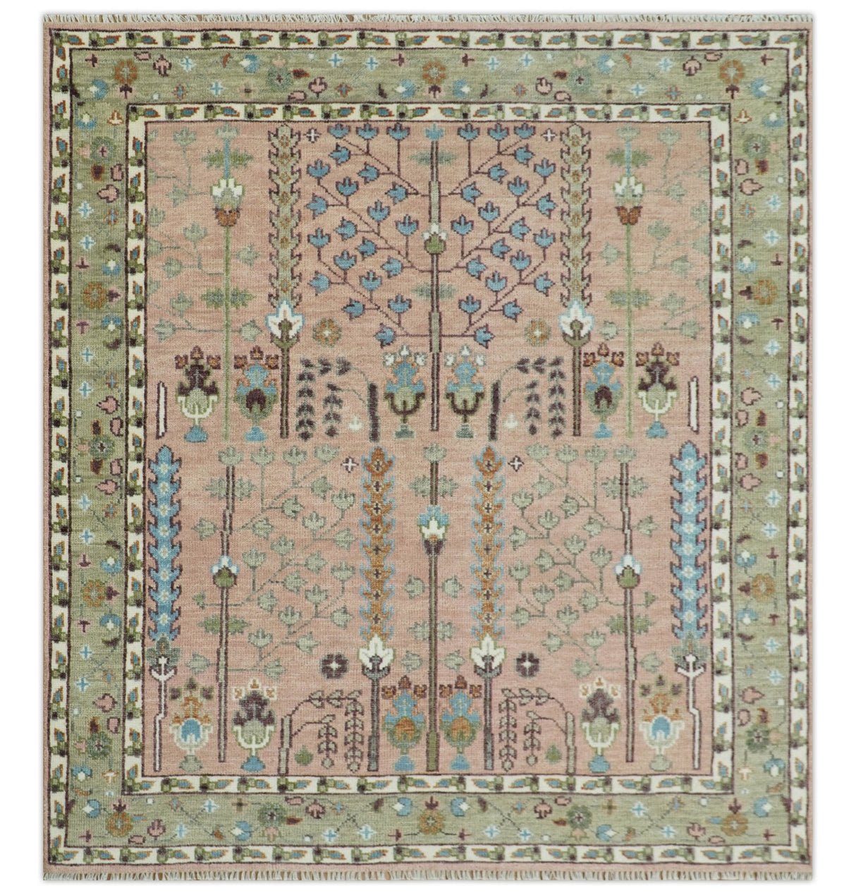 Ready to Ship Pink, Olive and Beige Tree of life Vintage Traditional Wool Rug