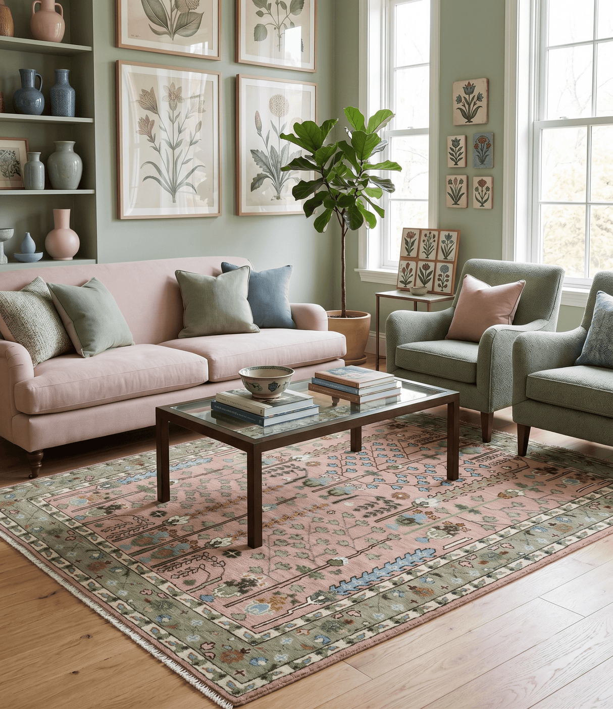 Ready to Ship Pink, Olive and Beige Tree of life Vintage Traditional Wool Rug