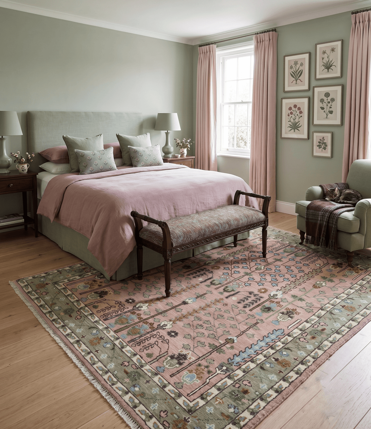 Ready to Ship Pink, Olive and Beige Tree of life Vintage Traditional Wool Rug