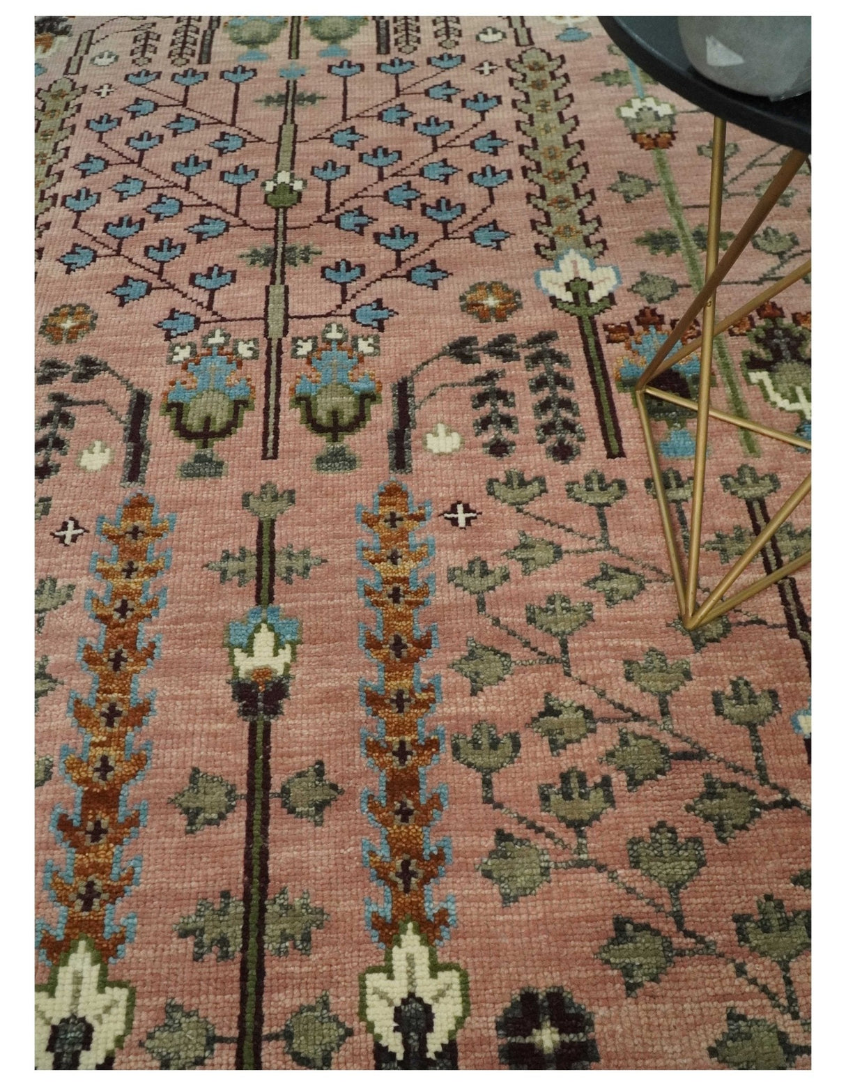 Ready to Ship Pink, Olive and Beige Tree of life Vintage Traditional Wool Rug