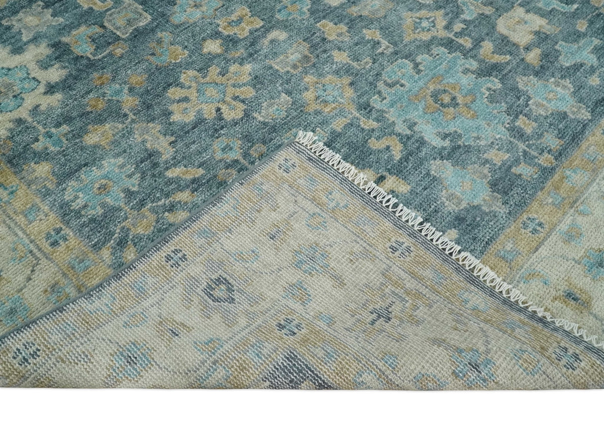 Ready to Ship Teal Blue Hand Knotted Oriental Oushak Ivory and Beige Wool Area Rug