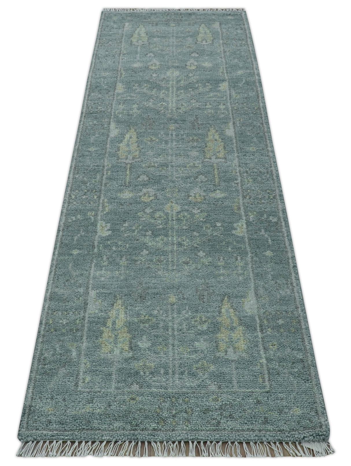 Ready to Ship Tree of life Teal And Beige 2.6x8 Wool Rug