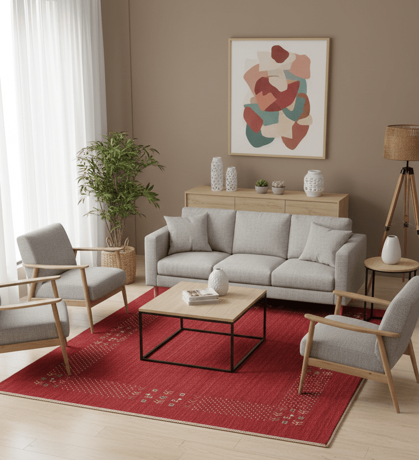 Red Contemporary Border Motifs Hand Loomed Wool Area Rug
