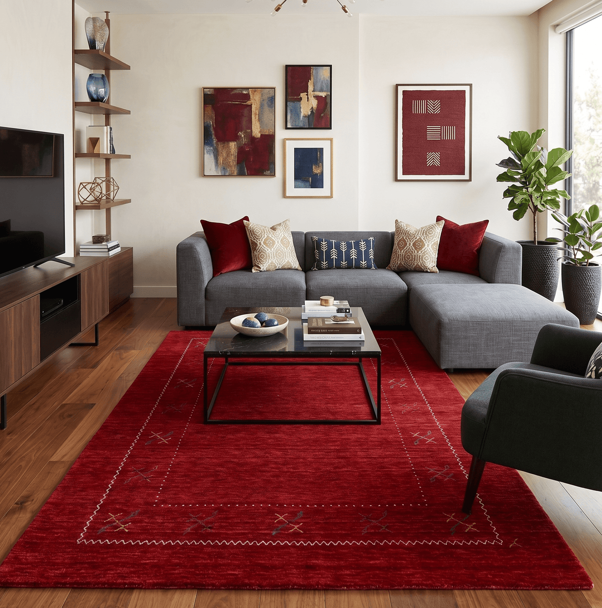 Red Gabbeh Border Design Hand Loomed Wool Area Rug