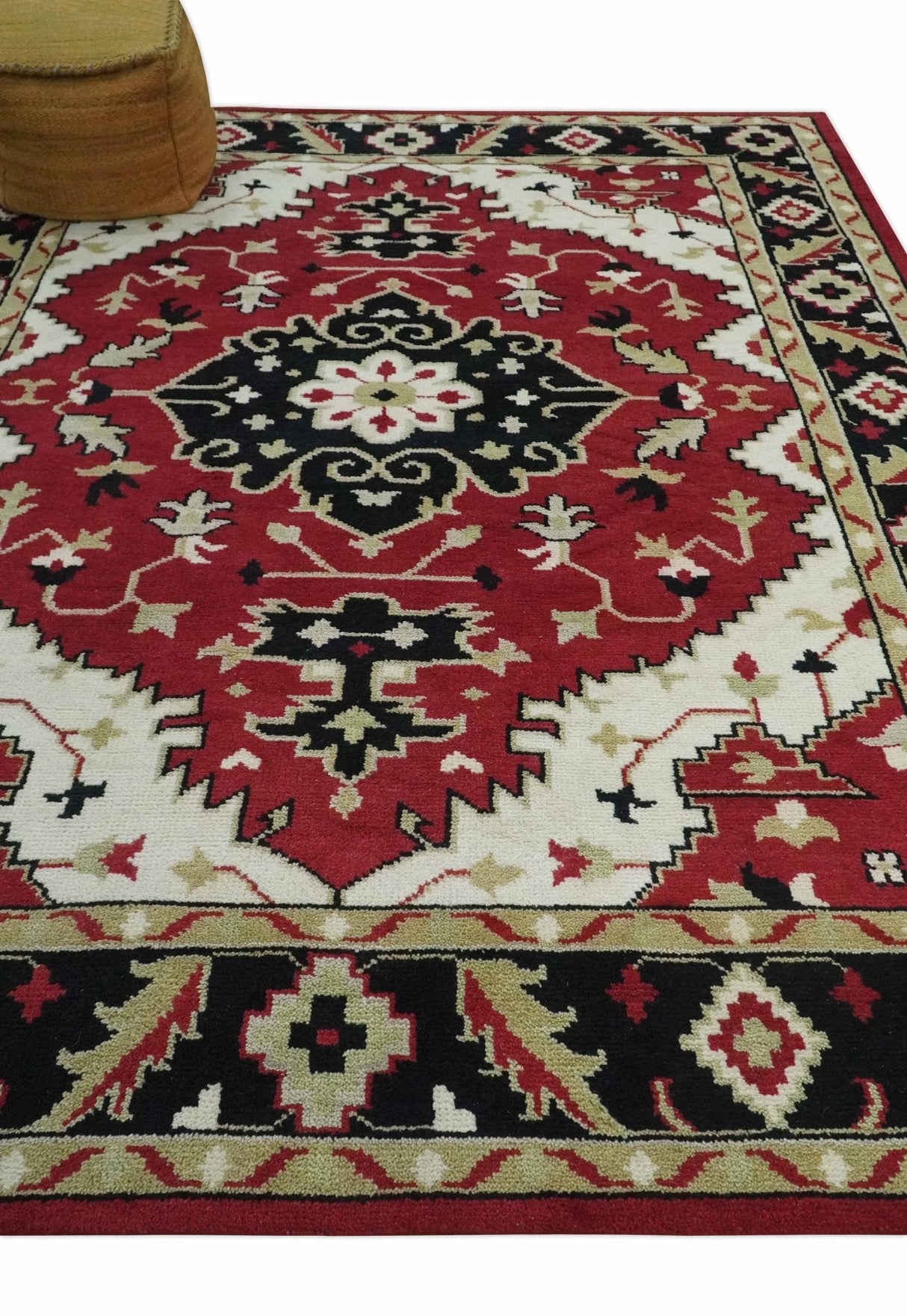 Red, Ivory, Black and Beige 8x10 Hand Knotted Traditional Heriz wool Rug