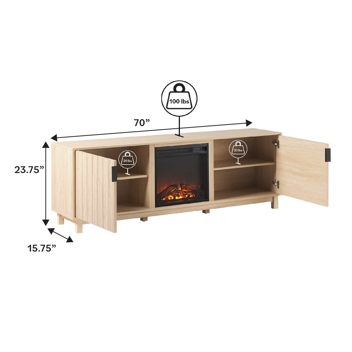 Reema Scandinavian 70" Modern Reeded TV Stand with Freestanding Electric Fireplace-Fireplace-Parc Decor