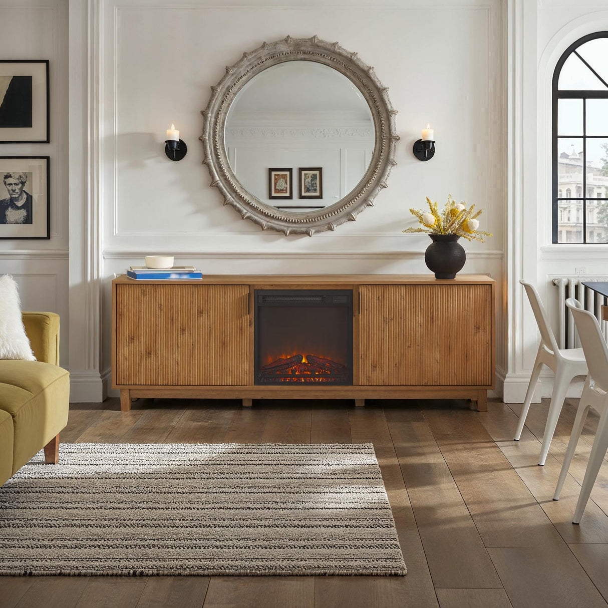 Reema Scandinavian 70" Modern Reeded TV Stand with Freestanding Electric Fireplace