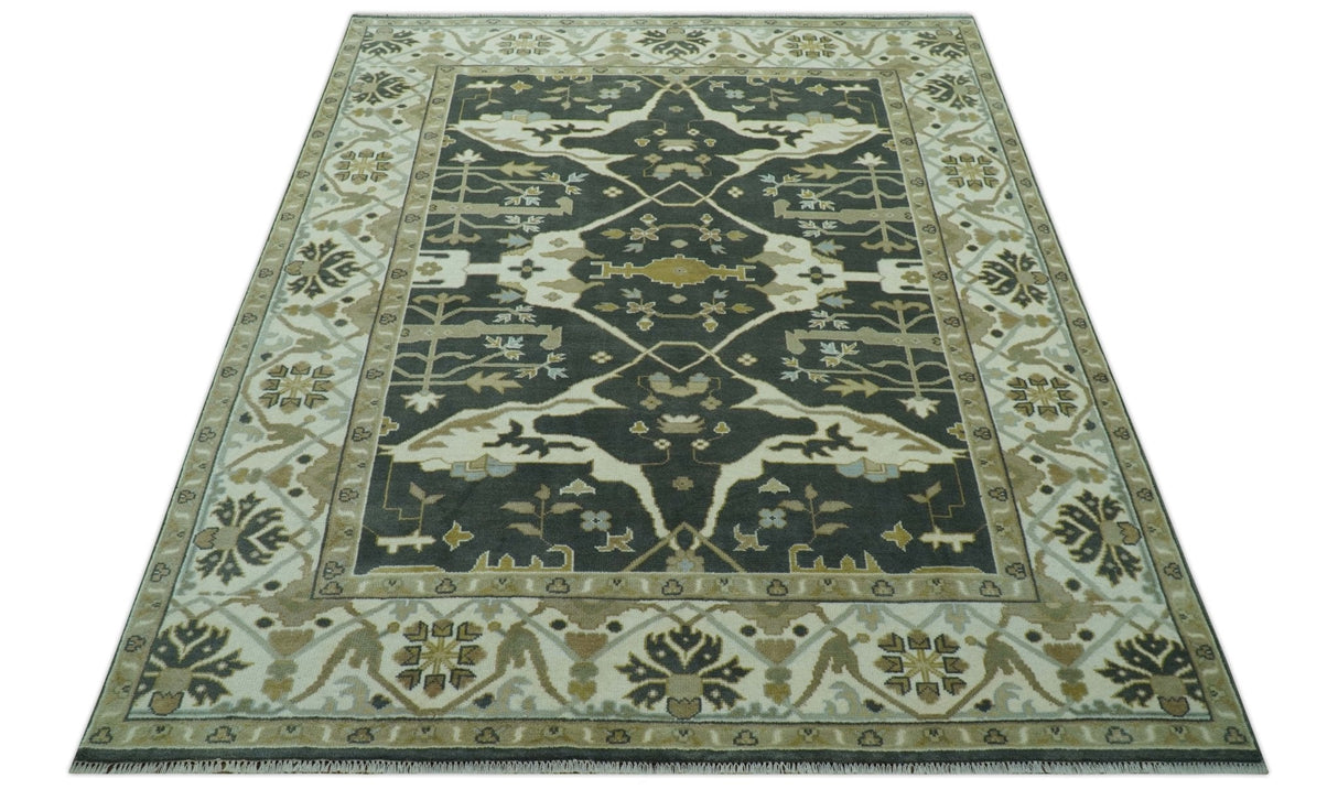Richmond Custom Made Charcoal and Beige Hand Knotted Oushak wool Area Rug