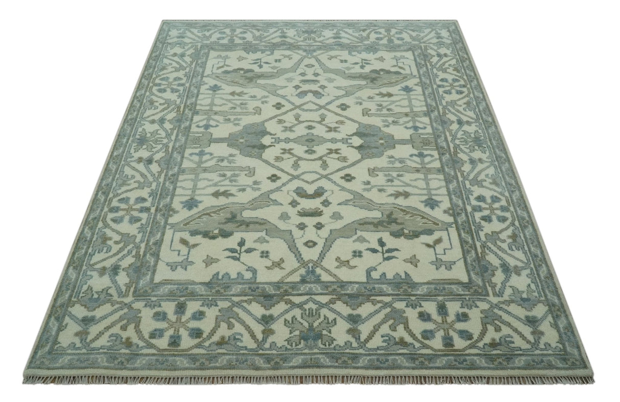 Richmond Custom Made Ivory and Olive Hand Knotted Oushak Wool Rug