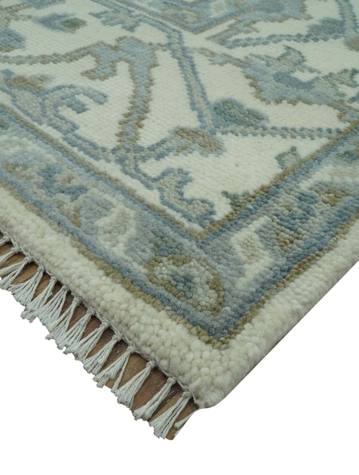 Richmond Custom Made Ivory and Olive Hand Knotted Oushak Wool Rug