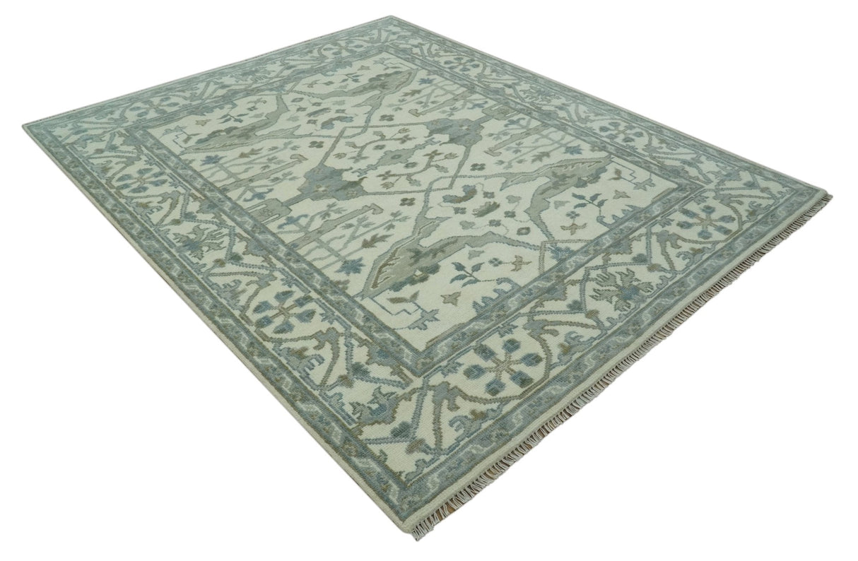 Richmond Custom Made Ivory and Olive Hand Knotted Oushak Wool Rug