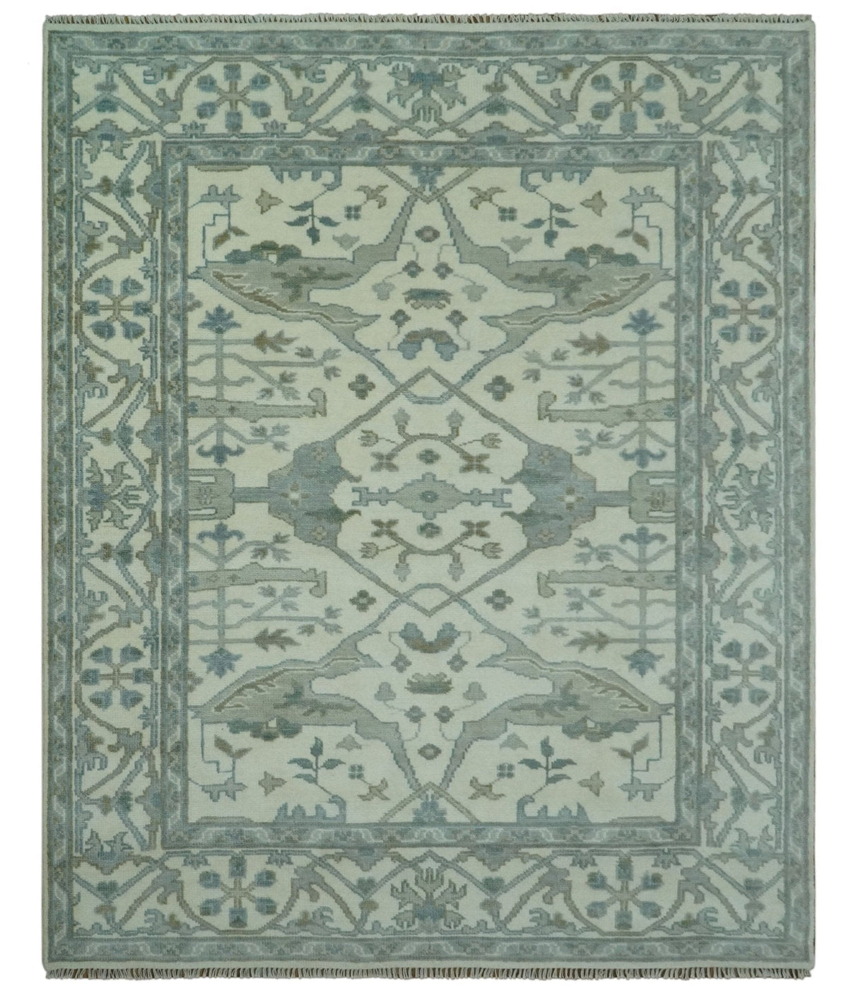 Richmond Custom Made Ivory and Olive Hand Knotted Oushak Wool Rug
