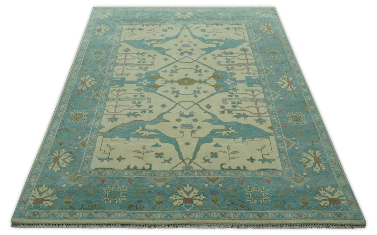 Richmond Custom Made Ivory and Teal Hand Knotted Oushak Wool Rug